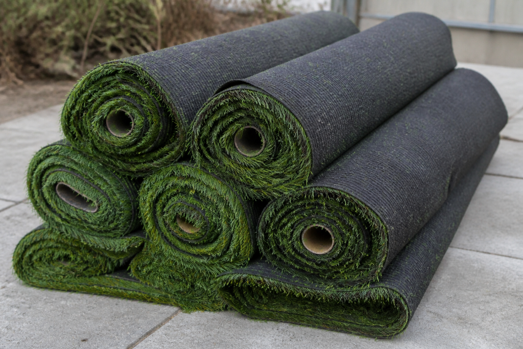 Rouleaux herbe verte synthetique poses sur dalle beton