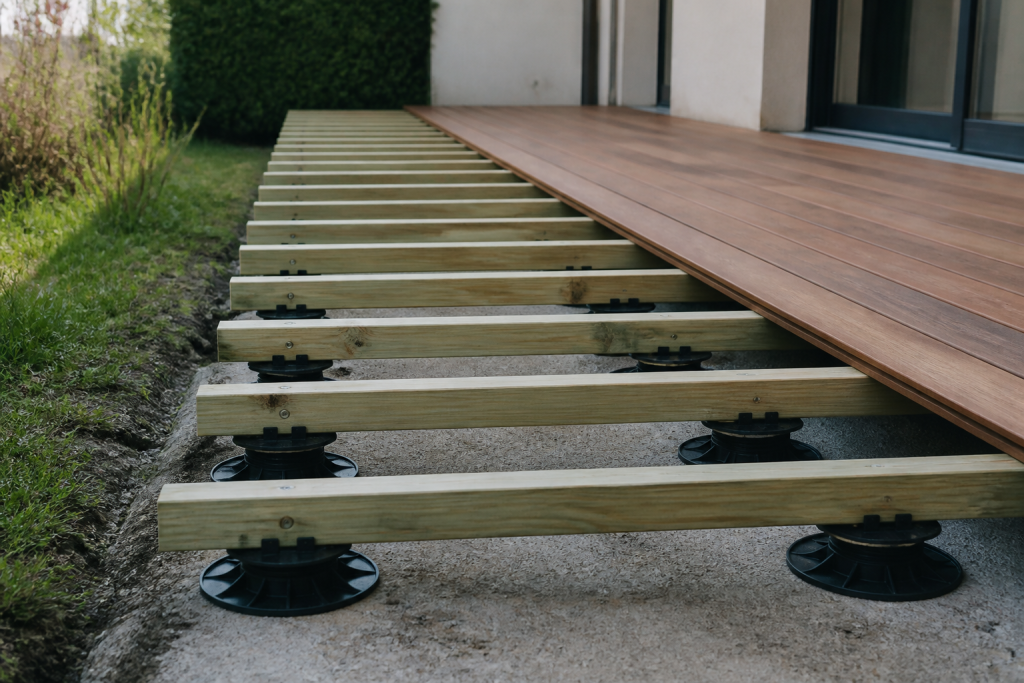 Terrasse bois avec lambourdes visibles et plots